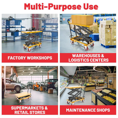 Rock Solid 660 Lb Hydraulic Lift Table Cart With Integrated Pump in factory workshops and warehouses.