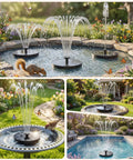 1.4W Solar Bird Bath Fountain Pump With Upgraded Panels in action, installed in a garden pond and bird bath, showcasing water features.