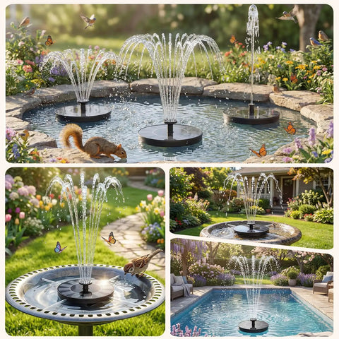 1.4W Solar Bird Bath Fountain Pump With Upgraded Panels in action, installed in a garden pond and bird bath, showcasing water features.