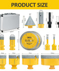 Front view of Upgrade 15PCS Diamond Tile Hole Saw Kit by Amazon; yellow diamond-coated bits, cutters, discs, and metal case.