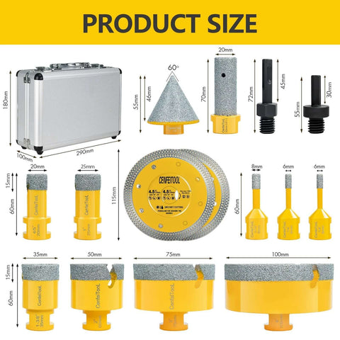 Front view of Upgrade 15PCS Diamond Tile Hole Saw Kit by Amazon; yellow diamond-coated bits, cutters, discs, and metal case.