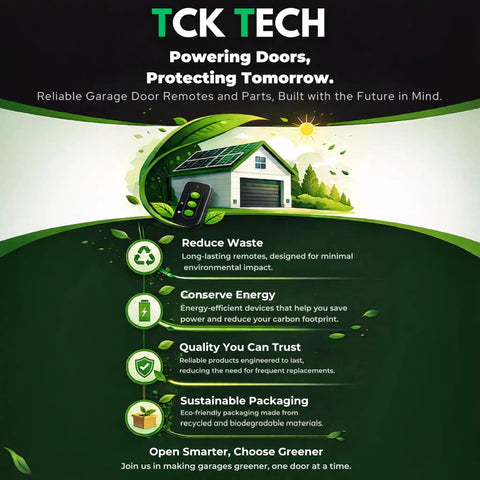 Infographic for TCK Tech highlighting sustainable garage door remotes with eco-friendly practices and energy-efficient solutions.