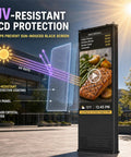 Image showcasing UV-resistant LCD protection on a 55 Inch Outdoor Digital Signage Kiosk With 3000 Nits Sun Crushing Lcd Display Ip66 Waterproof Rock Solid Frame Vandal Resistance Tough As Nails Panel Runs Around The Clock For Business Marketing.