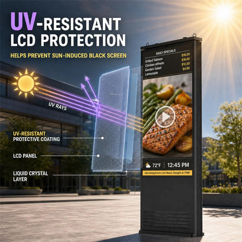 Image showcasing UV-resistant LCD protection on a 55 Inch Outdoor Digital Signage Kiosk With 3000 Nits Sun Crushing Lcd Display Ip66 Waterproof Rock Solid Frame Vandal Resistance Tough As Nails Panel Runs Around The Clock For Business Marketing.