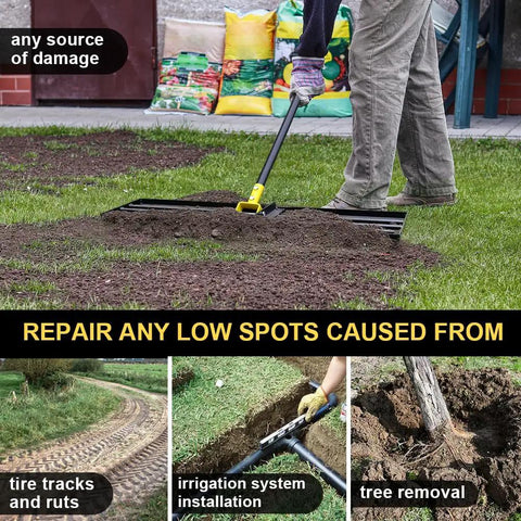 Using Heavy Duty Lawn Leveling Rake With 72 Inch Long Handle And 31 Inch Head Smooths Uneven Grass Fills Holes Level Soil