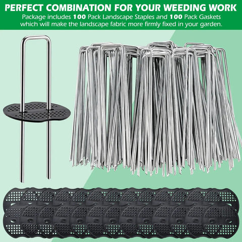 100 Pack Landscape Staples And 100 Pack Gaskets 12 Inch 11 Gauge Galvanized Steel Garden Staples With Black Pads Turf Staples For Weed Barrier Grass Pro