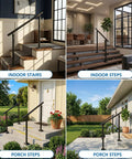 Hella Sturdy Aluminum Round Stair Handrail Kit For Indoor Outdoor Steps And Porch Deck With Rock Solid 800 Pound Load Capacity Built Tough Textured Black Railing on indoor stairs and porch steps.