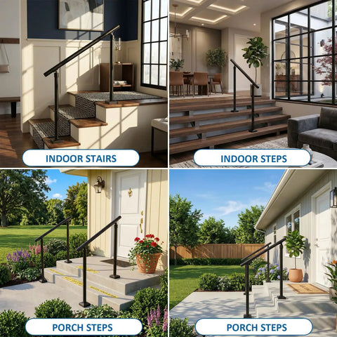 Hella Sturdy Aluminum Round Stair Handrail Kit For Indoor Outdoor Steps And Porch Deck With Rock Solid 800 Pound Load Capacity Built Tough Textured Black Railing on indoor stairs and porch steps.