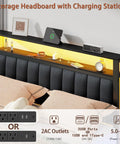 Queen Size Bed Frame With Smart RGB LED Lights And Remote App Control Featuring Over 60000 Custom Colors Quick Charge Hub and storage headboard with charging station.