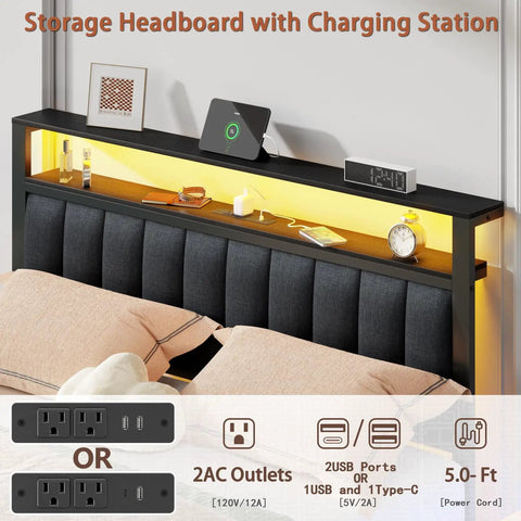 Queen Size Bed Frame With Smart RGB LED Lights And Remote App Control Featuring Over 60000 Custom Colors Quick Charge Hub and storage headboard with charging station.