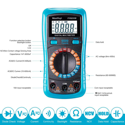 Blue digital multimeter showing detailed functions with labels on display and buttons, model FY8233E.