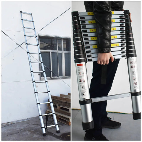 Heavy Duty 12.5 Foot Telescoping Aluminum Ladder with Extendable Reach for Home and Outdoor Projects, extended and folded view.