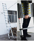 14.5 Ft Telescoping Aluminum Ladder With One Button Retractable Lock, shown extended against building and carried for storage