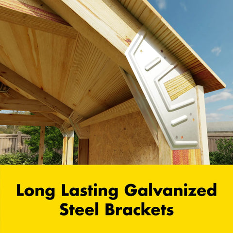 Close-up of galvanized steel bracket in 2x4 frame of Custom Shed Kit With Peak Roof For Easy Backyard Storage 2x4 Frame System
