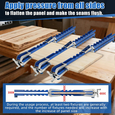 36 Inch Heavy Duty Panel Clamps 2 Pack Hella Stable Four Way Steel Pressure Jigs making wood seams flush on a workbench.