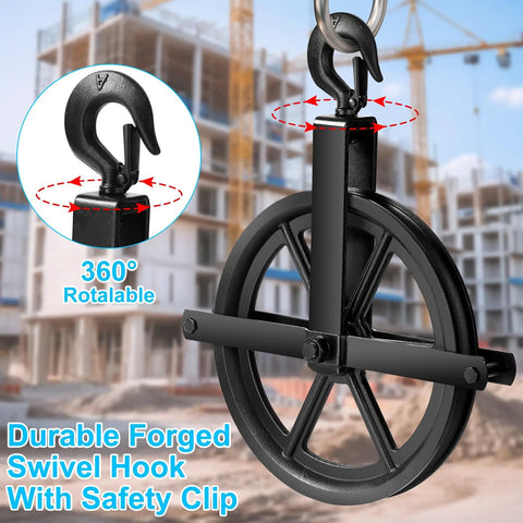 Aunocy 12 Inch Heavy Duty Scaffolding Pulley Hoist With Precision Ball Bearings For Quiet Lifting 1000 Lb Capacity Cable Rope System shown with a durable forged swivel hook.