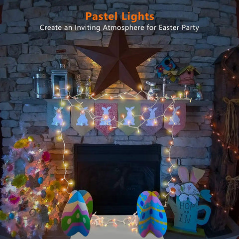 Easter String Lights 33Ft 150 Count Pastel Incandescent Mini Fairy Lights UL Certified on a decorated fireplace