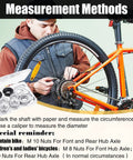 Person measuring bike axle with 12 Piece Bike Axle Nut And Safety Washer Kit In Three Sizes For Front And Rear Wheels