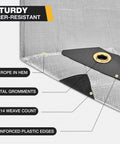 Corner view of Heavy Duty 16x20 Foot Tarp With Brass Grommets And Reinforced Edges 14 Mil Thick Waterproof Poly Tarp with labels
