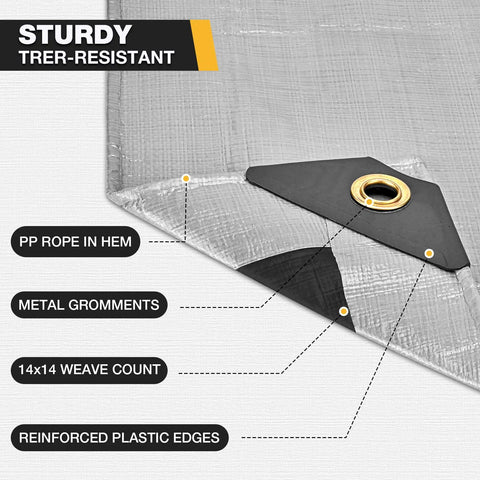Corner view of Heavy Duty 16x20 Foot Tarp With Brass Grommets And Reinforced Edges 14 Mil Thick Waterproof Poly Tarp with labels