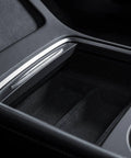Tesla Model 3 Y Center Console Storage Trays Flocked Accessory Organizers Fit 2017 To 2023, close-up of black flocked interior.