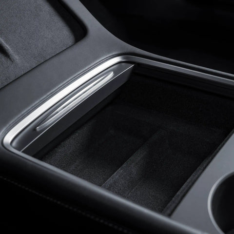 Tesla Model 3 Y Center Console Storage Trays Flocked Accessory Organizers Fit 2017 To 2023, close-up of black flocked interior.