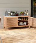 Outdoor Patio Storage Cabinet With Faux Marble Top Two Door Acacia Wood Console Sideboard For Deck Garden Backyard And Entryway Rustic Modern Farmhouse Vibe And All Weather Durability on wooden deck, partially open with items inside.