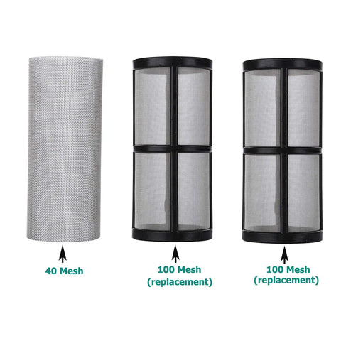 Inline Garden Hose Water Filter For Pressure Washer With Sediment Strainer And Two Extra 100 Mesh Screens Plus Heavy Duty Gasket Set For Straight Plug Ease And Works Like A Champ Outdoors showing 40-mesh and two 100-mesh filter replacements.