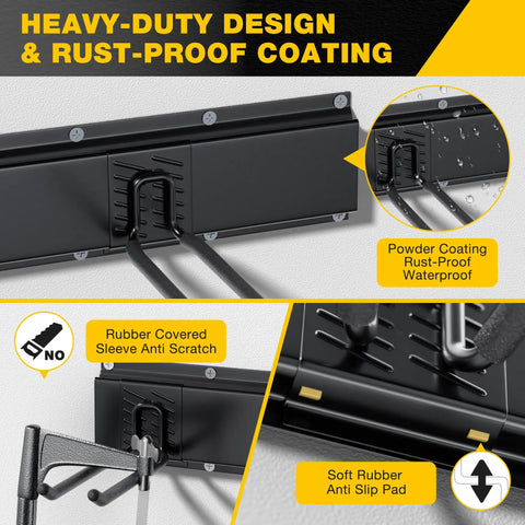Wall Mount Garage Tool Organizer With 48 Inch Rails And 7 Adjustable Beefy Heavy Duty Hooks close-up showing rust-proof coating