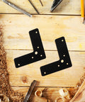 Built Tough L Shaped Corner Braces For Furniture Repair Stainless Steel Black 10 Pack on wooden surface with tools