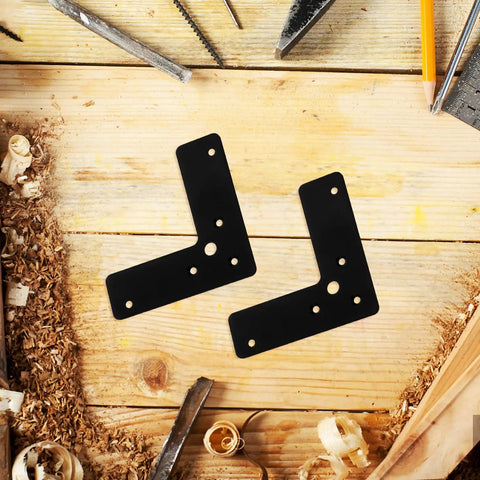 Built Tough L Shaped Corner Braces For Furniture Repair Stainless Steel Black 10 Pack on wooden surface with tools