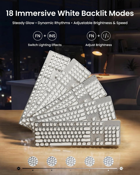 Wireless Typewriter Style Mechanical Keyboard With Clicky Blue Switches And Crisp White Backlighting showcasing 18 backlit modes.