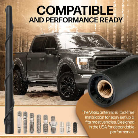 Universal 8 Inch Short Rubber Antenna Kit for Cars, Trucks, and SUVs, shown with black truck, copper coil, stainless threading.