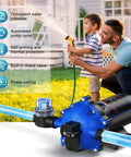 Workhorse Five Chamber Self Priming Diaphragm Water Pump 7 GPM 70 PSI 110V AC With Pressure Switch And Strainer Go To RVs And Home Water Systems displayed in use for garden irrigation.