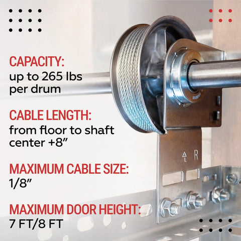 Garage Door Cable Drum Set for Standard Lift Aluminum Construction Heavy Duty 530 Lb Capacity Fits Up To 8 Ft Doors Replacement Parts shown installed on garage door track, close-up view.