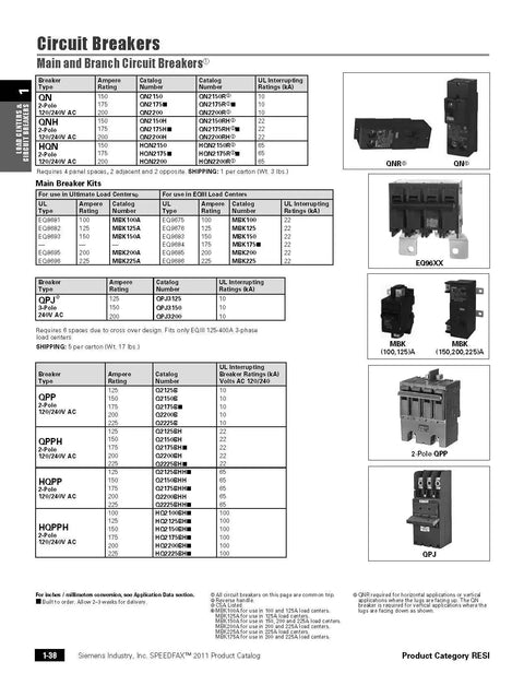 Catalog page of QN2150 150 Amp Double Pole 120/240 Volt Circuit Breaker 10kA Type QN UL Listed Panel Ready