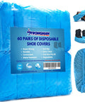 Ultra Thick Disposable Shoe Covers 120 Pack 60 Pairs Non Slip Water Resistant Booties shown with packaging and shoe applications.