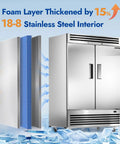 54 Inch Heavy Duty Commercial Freezer 49 Cubic Feet Reach In Upright Cooler with two solid doors and stainless steel interior.