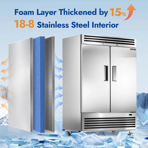 54 Inch Heavy Duty Commercial Freezer 49 Cubic Feet Reach In Upright Cooler with two solid doors and stainless steel interior.