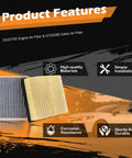 Product image showing Engine Air Filter And Cabin Air Filter Kit For Toyota Camry Avalon Sienna Highlander And Lexus Non-Hybrid Models 2011-2020 With Odor Blocking Dual Protection And Easy Install, highlighting high-quality materials, easy installation, corrosion resistance, and durability features, with filters pictured in foreground and car graphic in background.