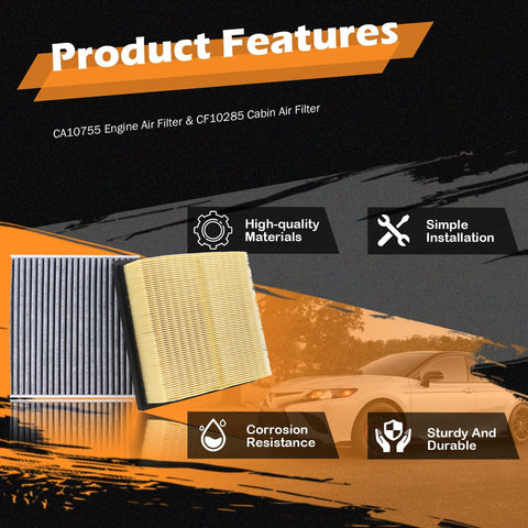 Product image showing Engine Air Filter And Cabin Air Filter Kit For Toyota Camry Avalon Sienna Highlander And Lexus Non-Hybrid Models 2011-2020 With Odor Blocking Dual Protection And Easy Install, highlighting high-quality materials, easy installation, corrosion resistance, and durability features, with filters pictured in foreground and car graphic in background.