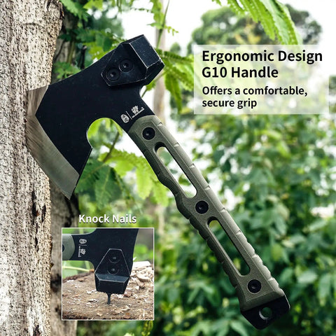 Multifunctional Splitting Axe For Camping And Bushcraft, Tiny But Mighty Survival Hatchet With Hammer And Kydex Sheath, shown in use