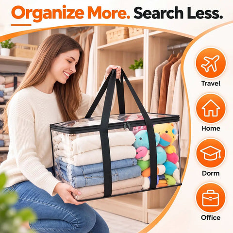 Heavy Duty Clear Storage Bins 2 Pack Extra Large Clothes Organizers With Lids in use for organizing clothing and toys.