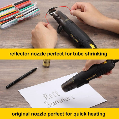 Mini Heat Gun 450W Dual Temperature 527 to 842 Degrees Fahrenheit for wrapping, embossing, with reflector nozzle in use.