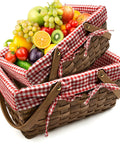 Dual Size Picnic Basket Set With Double Folding Handles 16 Inch Woodchip Woven Basket With Removable Red And White Liner For Weddings Camping Outdoor Use Candy And Egg Gathering Storage, stacked with fruits
