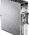 Power brick for Rock Solid 5 Port Industrial Fast Ethernet Switch, flat metal design with venting slots and mount hardware.