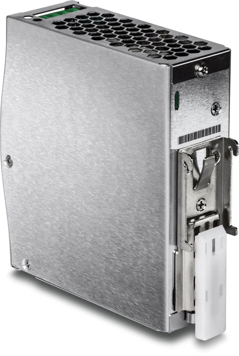 Power brick for Rock Solid 5 Port Industrial Fast Ethernet Switch, flat metal design with venting slots and mount hardware.