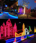 Lit 360 Degree Neon LED Light Strip 32.8ft illuminating outdoor paths, trees, and architectural designs with vibrant colors
