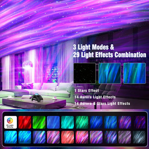 Northern Lights Aurora Projector 4 In 1 Night Light Ambient Galaxy Sky Projector with Bluetooth Speaker showing light effects in room