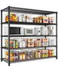 Badass Heavy Duty Adjustable Metal Wire Shelving Unit with Reinforced Carbon Steel Grid displaying food, kitchen appliances and containers.